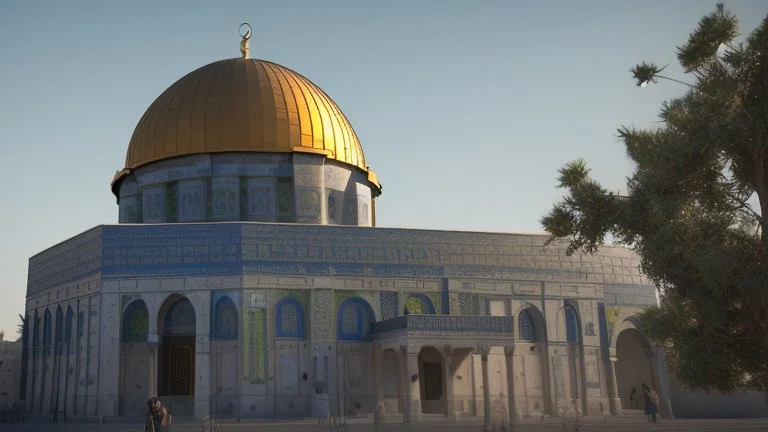 A woman wearing a keffiyeh holds the Dome of the Rock