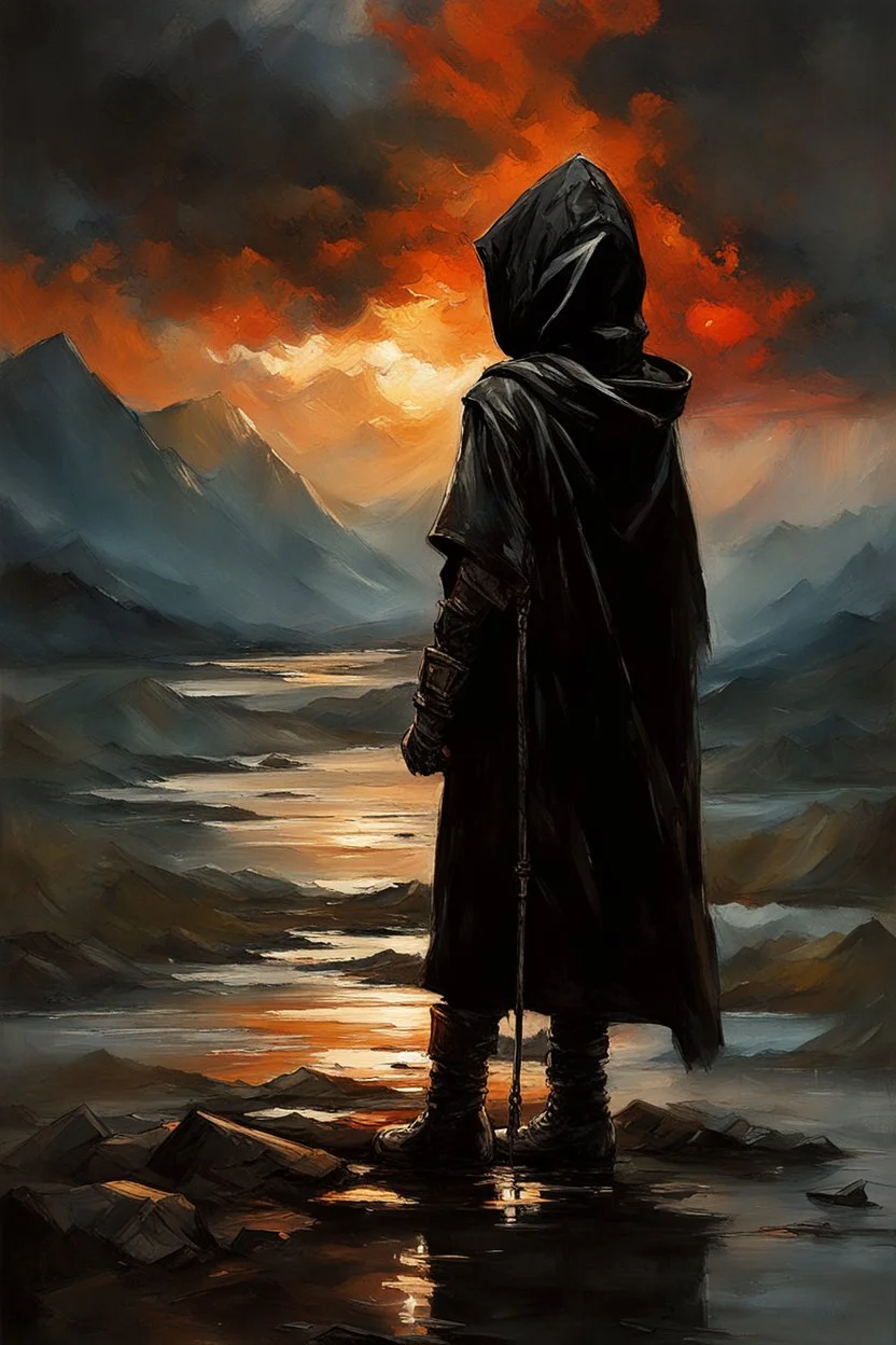 A formidable warrior-a 10-year-old boy in a black robe with a hood, on the background Amazing gloomy landscape, flooded with sunset, mountains, trees, fabulous scary hero, , juicy emotions, painting, dark fantasy, bad weather, gloomy day, dark world, by Raymond Swanland & Alyssa Monks & Anna Razumovskaya & James Paick