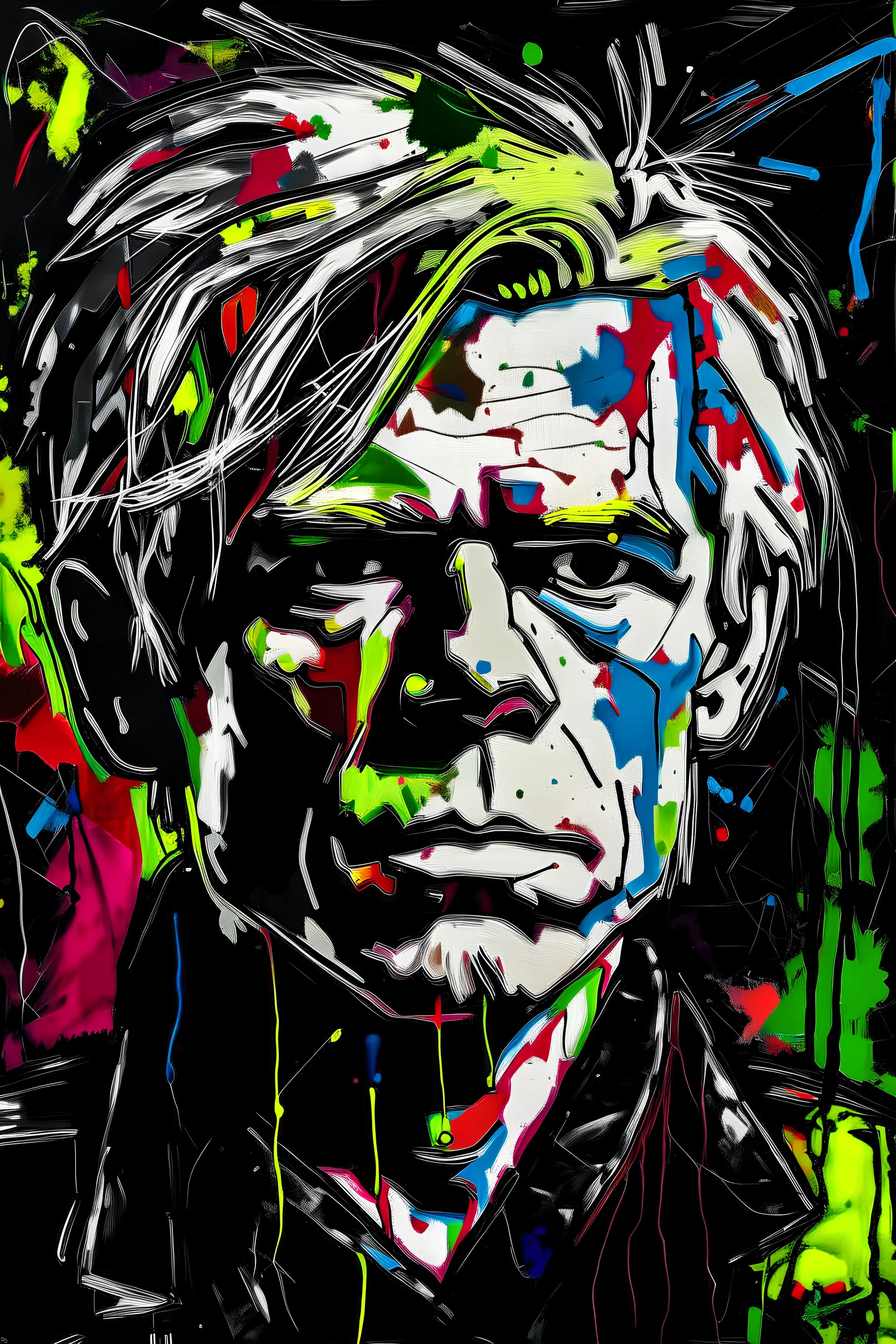 An abstract portrait of Andy Warhol, painted by Jean michel basquiat, oil and acrylic painting on canvas, close-up, bizarre, caricature, whimsical, bold brush strokes, oil stick, (white crayon outlines), (black grunge background), colourful, graphic marker pen, (neo-expressionism),rich colour palette, quirky, expressive lines, graffiti street art, cgsociety, detailed, impasto, acrylic paint splatter, focused, abstract art, vivid