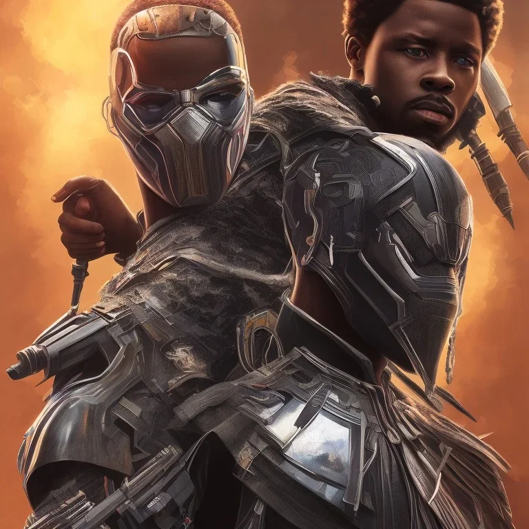 Nigeria artist Fireboy as kilmonger in black panther, realistic,rust of war, futuristic, heroic