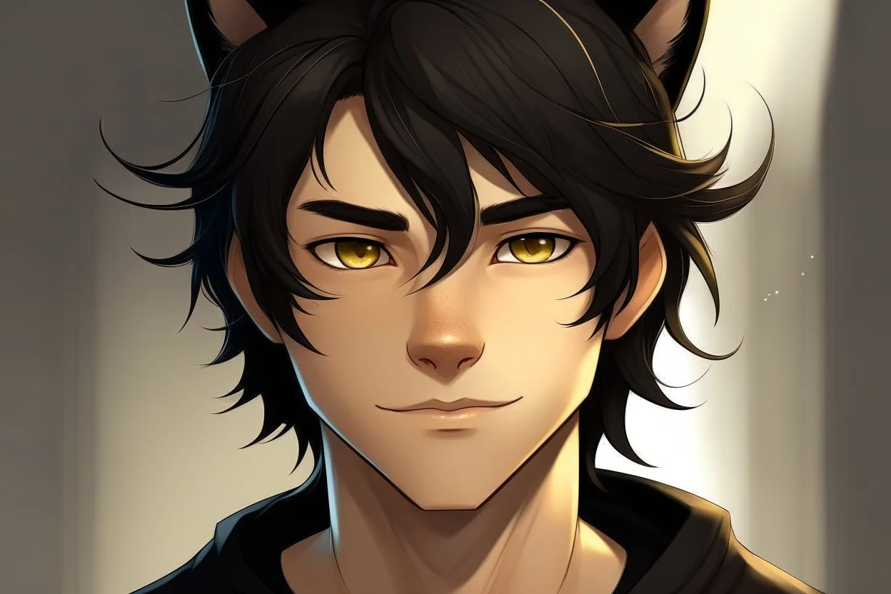 A young adult male with messy black hair, gold eyes, large black cat ears, realistic, slight smile