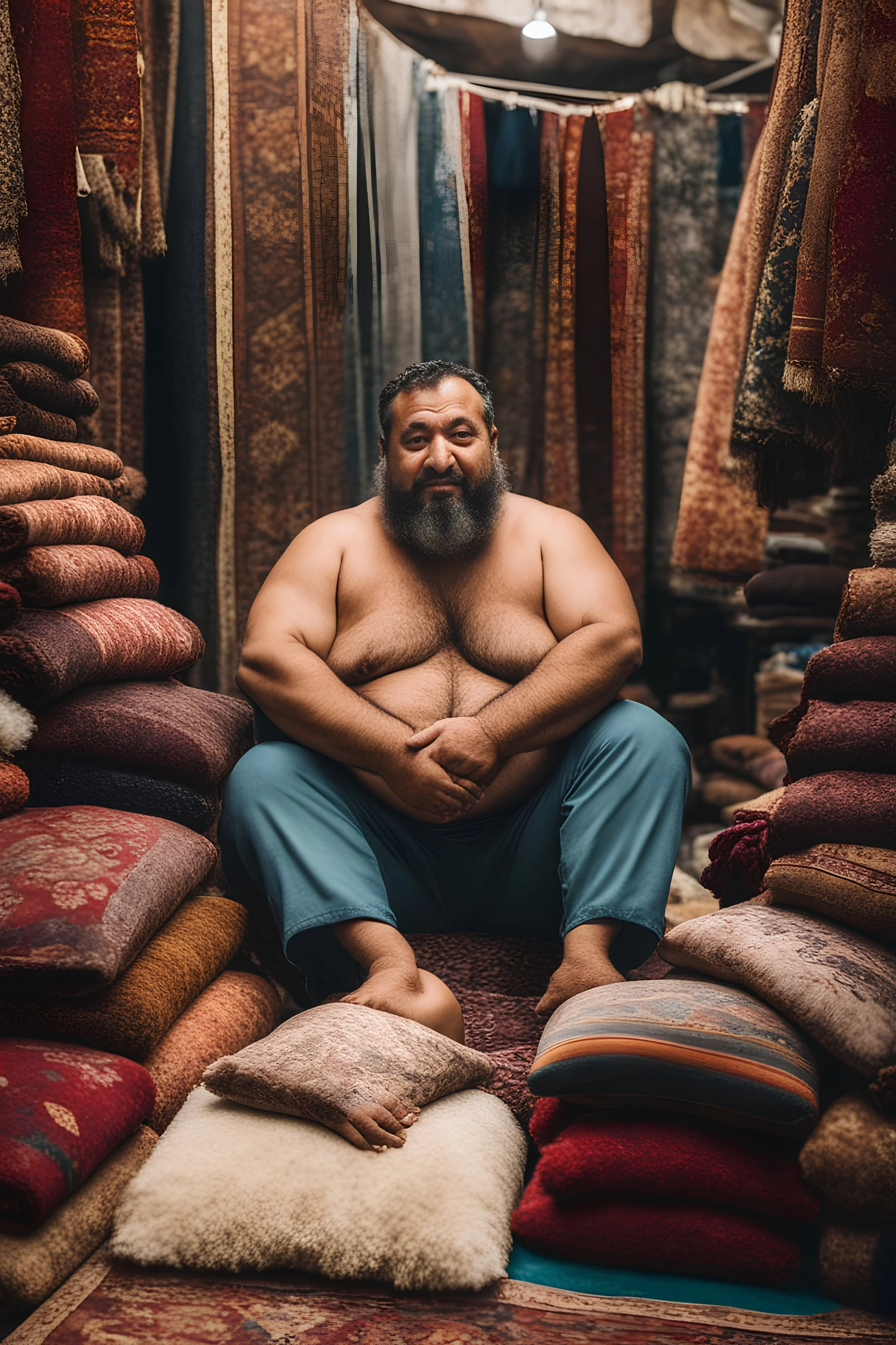 close up photography of a burly chubby strong 39-year-old turk man in Istanbul bazaar, shirtless, selling carpets sitting on a pile of carpets, biig shoulders, manly chest, very hairy, side light, view from the ground