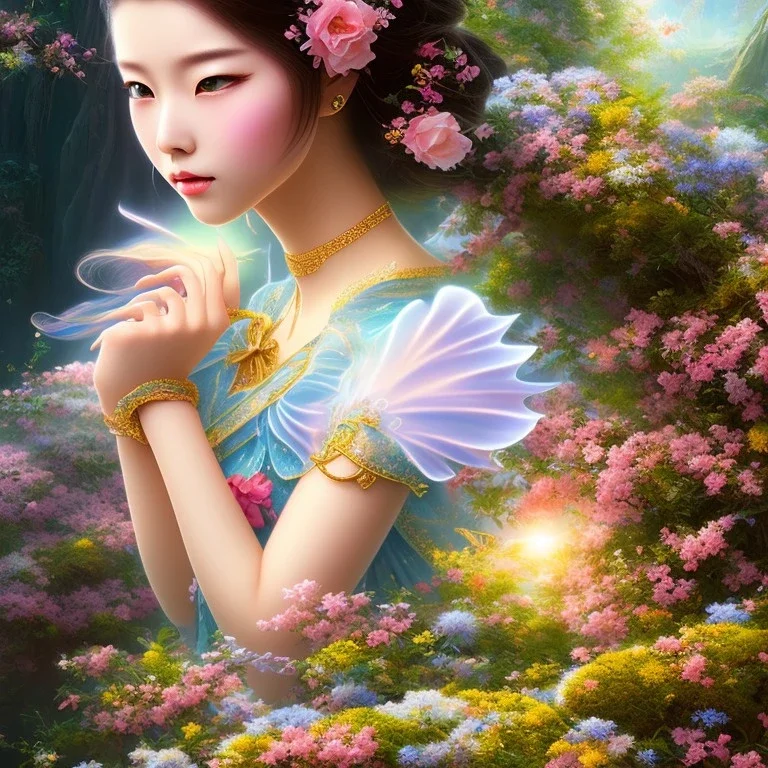 bright japanese fairy, beautiful portrait, flowery landscape