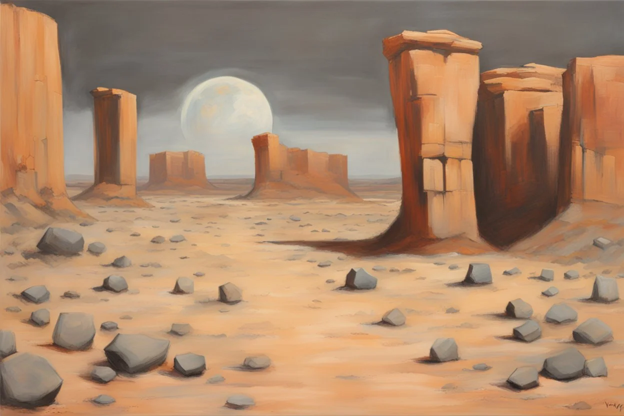 Grey sky with one planet in the horizon, rocks, cliffs, sci-fi, rocky arid land, 90's sci-fi movies influence, rodolphe wytsman and friedrich eckenfelder impressionism paintings