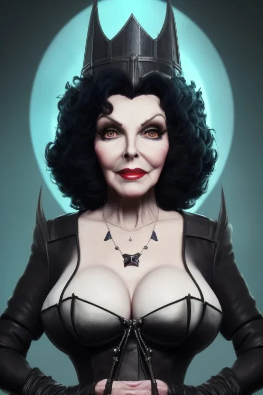 Joan Collins as evil queen in black leather, leather, busty, cleavage, angry, stern look. character design by cory loftis, fenghua zhong, ryohei hase, ismail inceoglu and ruan jia. unreal engine 5, artistic lighting, highly detailed, photorealistic, fantasy