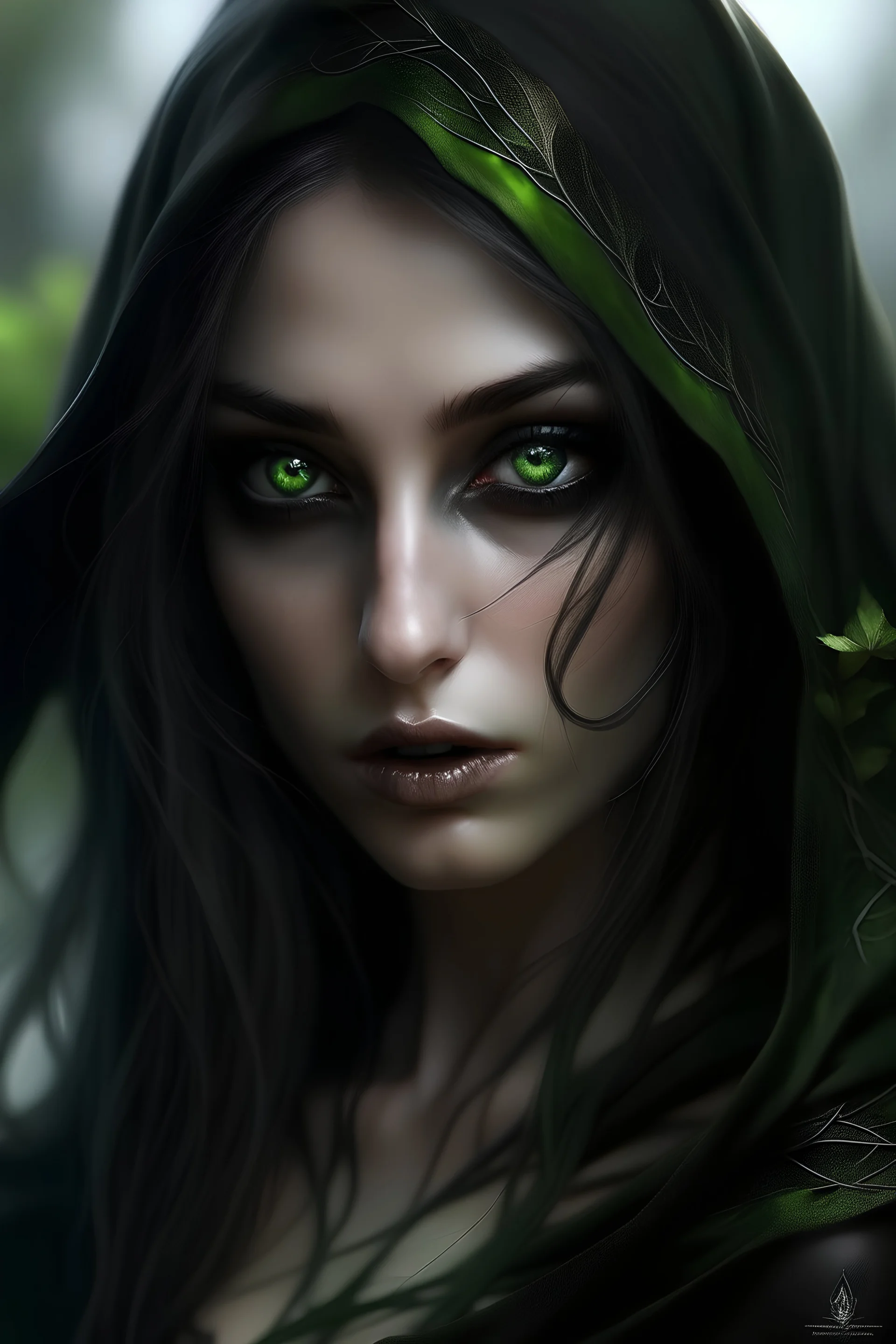 Immagine fantasy di un elfo femmina di pelle olivastra con occhi verdi e velo nero che lascia scoperti solo gli occhi