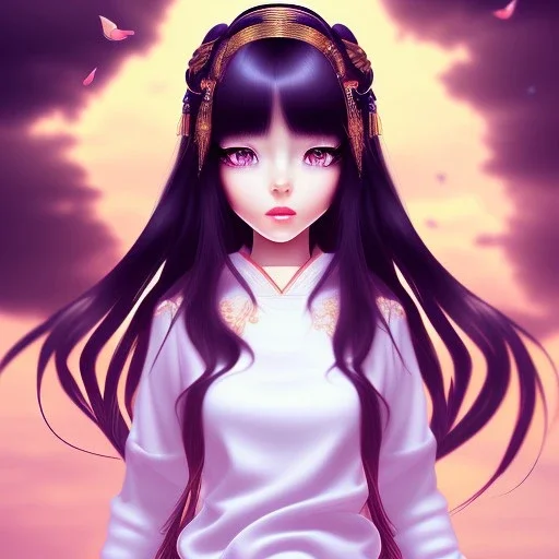 Japanese girl with big brown eyes and long black hair with bangs, cute, beautiful, kawaii, anime, cartoon