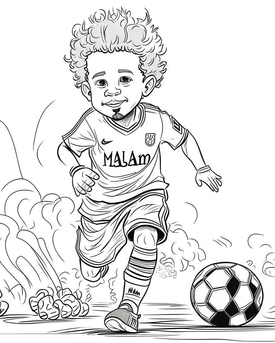 coloring pages for kids, Recreate An ultra realistic render of Magazine cover: "Cute Toddler MO SALAH Playing football" Text Reads:"MO SALAH", the work of photo journalist Ross William Halfin. On a crisp white paper, allow Nate Simpsons' talent for highly detailed and dynamic design to shine. Incorporate watercolor splash art as complementary elements, adding an intriguing burst of color that enhances the overall composition. Present this captivating artwork in stunning 8K resolution, ensuring t