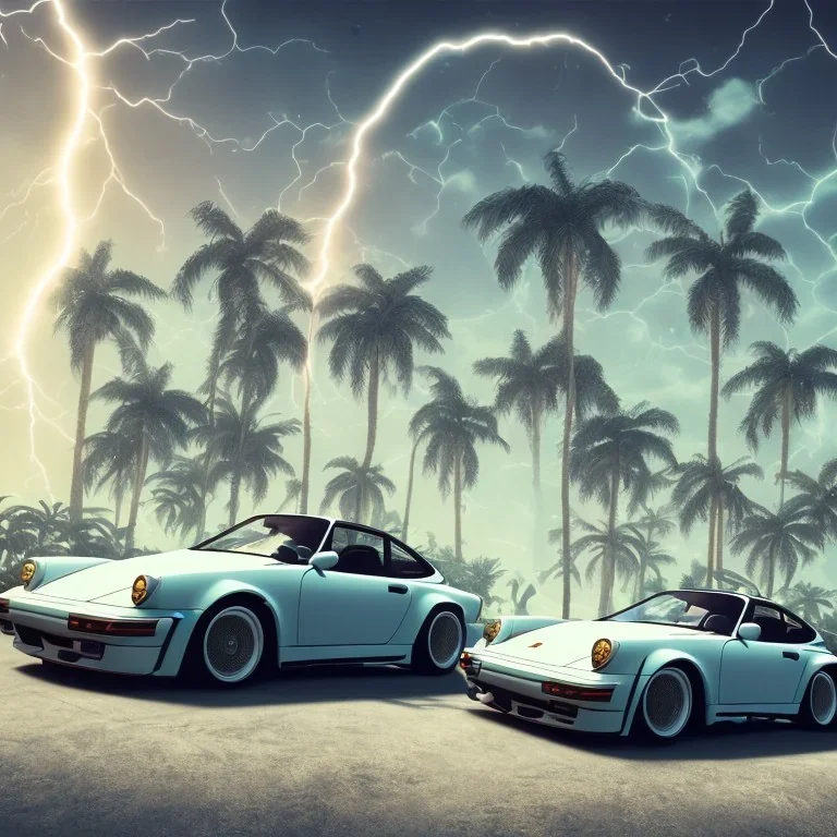 1980's aesthetic vaporwave palm trees and spheres and Porsche with lightning