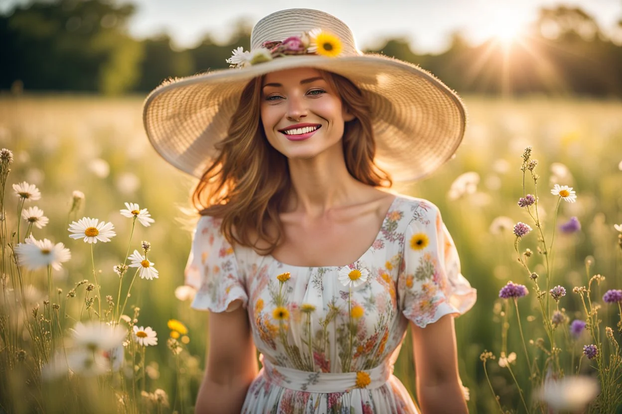 canon photo from a young woman, elegantly adorned in a summer hat and a summer dress stands in the center of a vast field. Her perfect face happy, a gentle smile playing on her lips as she feels the warm embrace of the sunshine and the tender kiss of a soft summer breeze. The meadow is a canvas of harmony with a dazzling array of wildflowers that dance and sway in the little wind. The blue sky and sunshine, high reality, detalied, photoreal, stunning