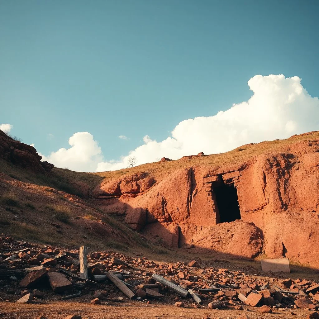 Fotografia di un paesaggio collinare con cielo illiminato da luce meridiana e una costruzione nera alta ricavata su una parete rocciosa rossa. L'immagine ha un'estetica surreale, in cui i dettagli architettonici e i personaggi contribuiscono a creare un'atmosfera di isolamento, devastazione e forse di riflessione sulla condizione umana in un ambiente distrutto. Il cielo limpido e le nuvole bianche contrastano con lo scenario di rovina in primo piano, accentuando l'atmosfera sospesa e drammatica.