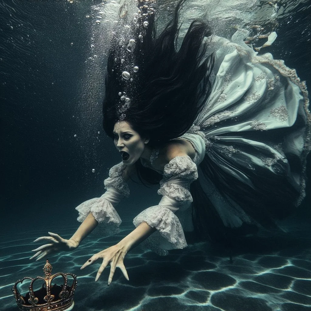 captivating and surreal underwater scene featuring a woman dressed in an elegant royal gown. Her long dark hair stands freely on end suspended in the water, and she is seen diving desperately her lips pursed as air bubbles furiously pour from her mouth rising to the surface. She reaches down towards a small, austere crown lying tantalizingly out of reach on the sea floor, surrounded by eerie bones covered by silt. The dramatic matte oil painting visuals evoke a macabre atmosphere, capturing the