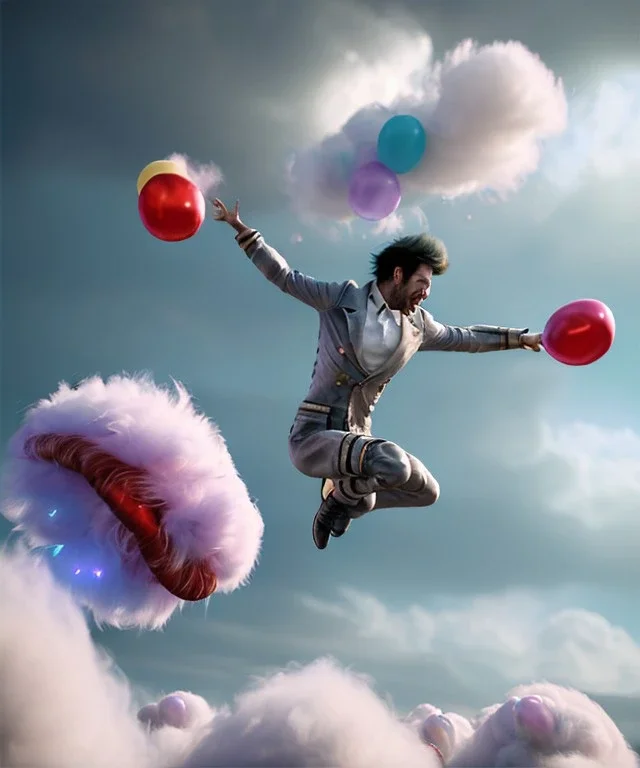 Ultra realistic speed clouds sky scene, wide angle view, strong men falling down with many Childs, circus clothing style, feather color clothing, free jumping flying, many trinkets, hair monster, many jelly beans, balls, color smoke, smile, happy, extreme, wind, clouds sea, 20,000 feet altitude, stratosphere, soft color, highly detailed, unreal engine 5, ray tracing, RTX, lumen lighting, ultra detail, volumetric lighting, 3d, finely drawn, high definition, high resolution.