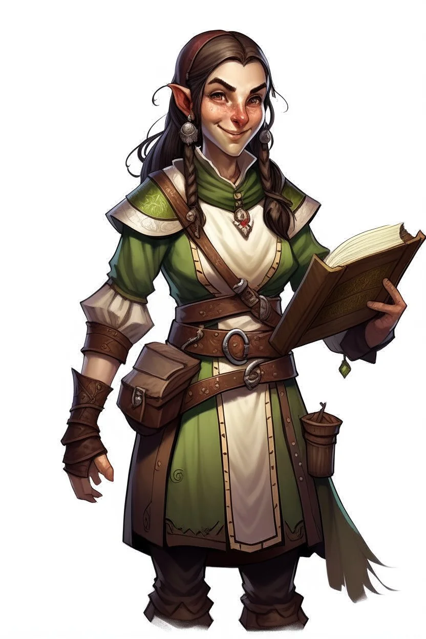 Dungeons and dragons half orc girl. She is kind and happy. She carries a book and wears tavern keeper clothing. Realistic style