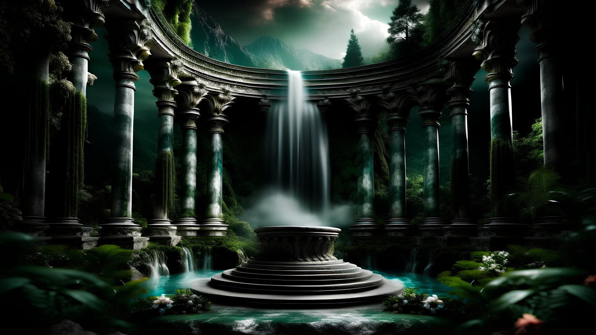 meditation round podium . my dreams . In the garden my mind bows . The collonades palace in the midst in the jungle , A rocky mountain where a large waterfall falls from the sky. space color is black , where you can see the fire and smell the smoke, galaxy, space, ethereal space, panorama. With the songs of dawn and the sadness of sleep Every leaf - that trembles in the embrace of the green My With dreams, An otherworldly planet, The place on planet earth it's called Mount Roraima.