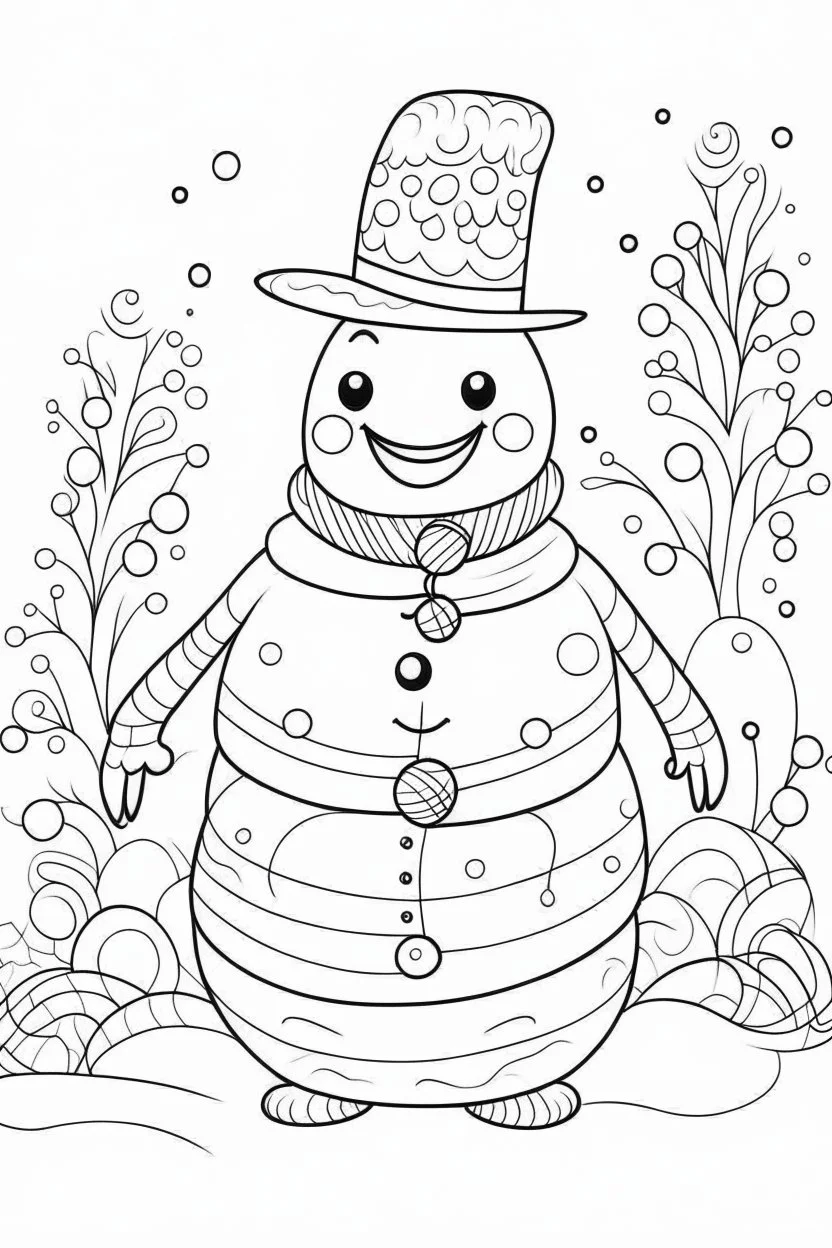 A jolly snowman with a carrot nose and a top hat, surrounded by a winter wonderland of sparkling snow and twinkling lights, clean line art, white background, well outlined, for kids coloring book.