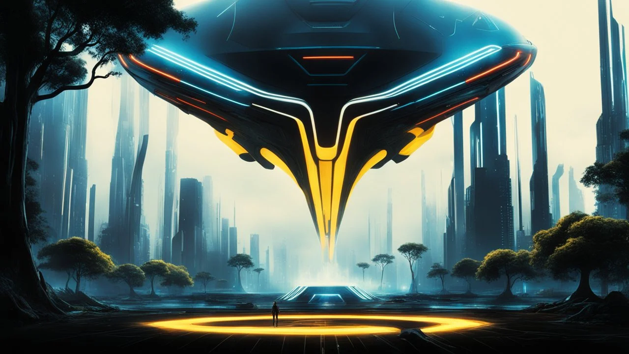 tron legacy movie, creatures,, space ships, city of the future, trees , forest, yellow, blue, red