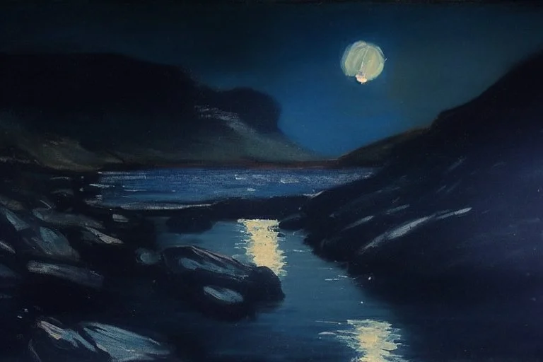 Night, moon, mountains, vegetations, sand, stream, rocks, philip wilson steer impressionism painting