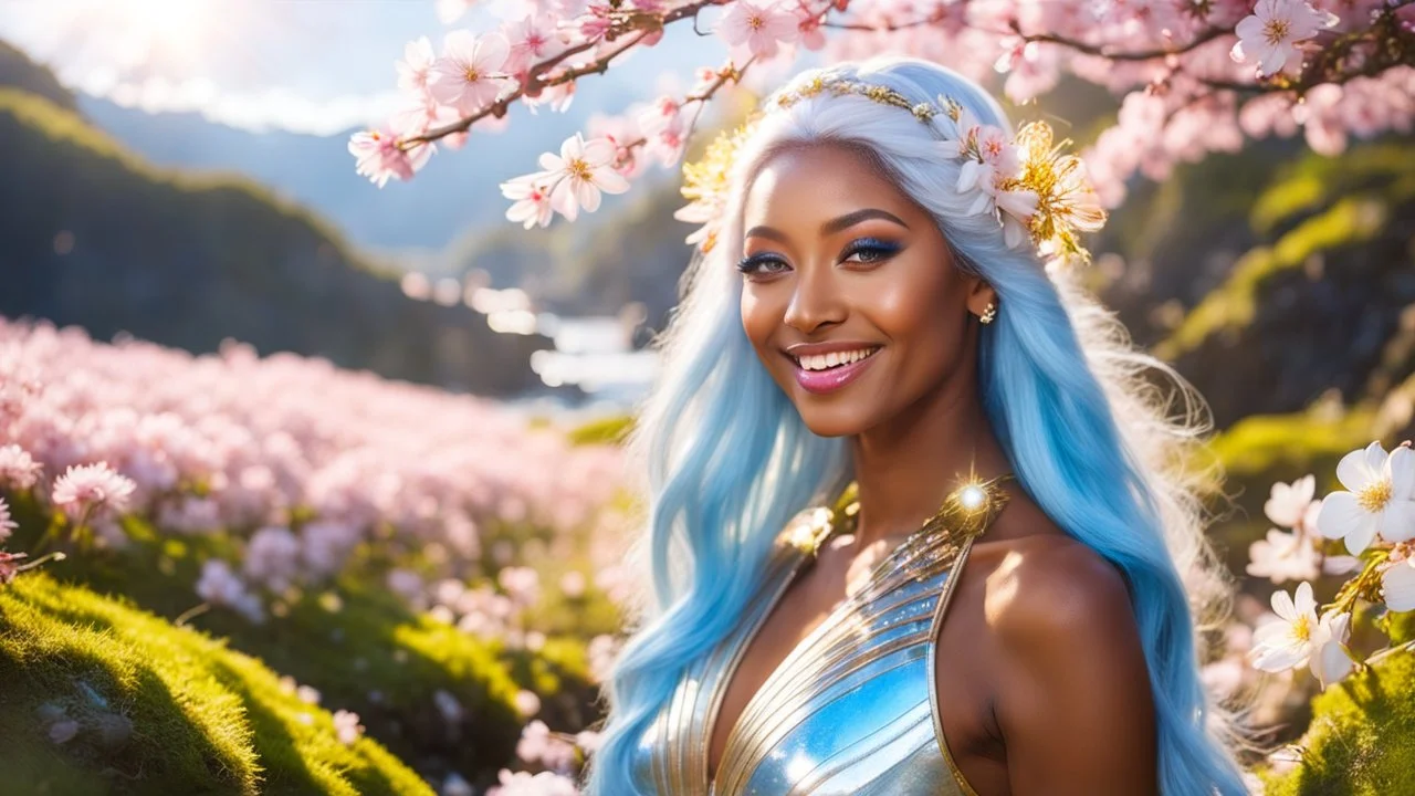 Portrait of a gorgeous smiling skinny polynesian goddess with a golden dark skin, long smooth clear blue white hair, blue eyes, in a sci-fi outfit with luminous strikes sending a kiss in a hill of flowers with sakura trees, a small torrent, loads of mini flowers, moss, sun rays through the branches, particles in the air at spring