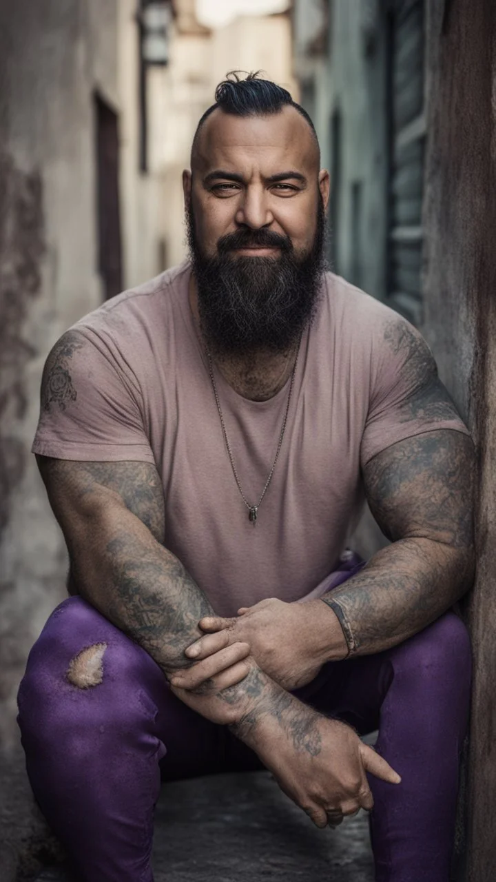 full figure photography of dirty smiling marocan burly muscular chubby strong man 38 years old with long raided beard, shaved hair, tattoo, photorealistic ,dressed with a purple torn and broken t-shirt, side light, outdoor in a dirty street