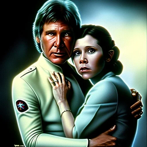 carrie fisher embracing harrison ford, waist up portrait, intricate, oil on canvas, masterpiece, expert, insanely detailed, 4k resolution, cinematic smooth, intricate detail , soft smooth lighting, soft pastel colors,