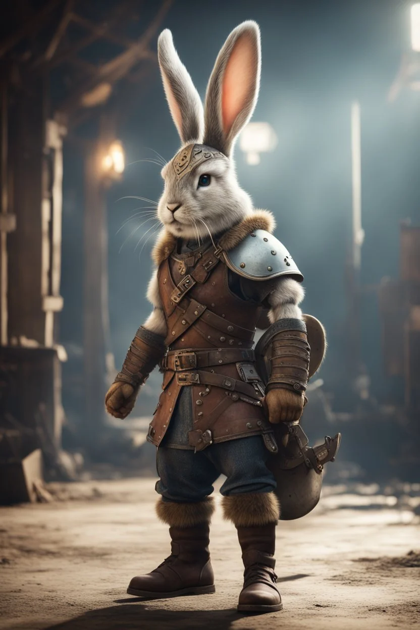 portrait of fast historic viking rabbit with horned viking helmet & boots in fallout 4 setting, bokeh, downlight, prize winning, depth of field, in the style of ivo caprino