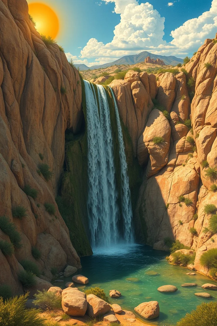 Hieronymus Bosch Style high quality picture waterfall in the desert sunny