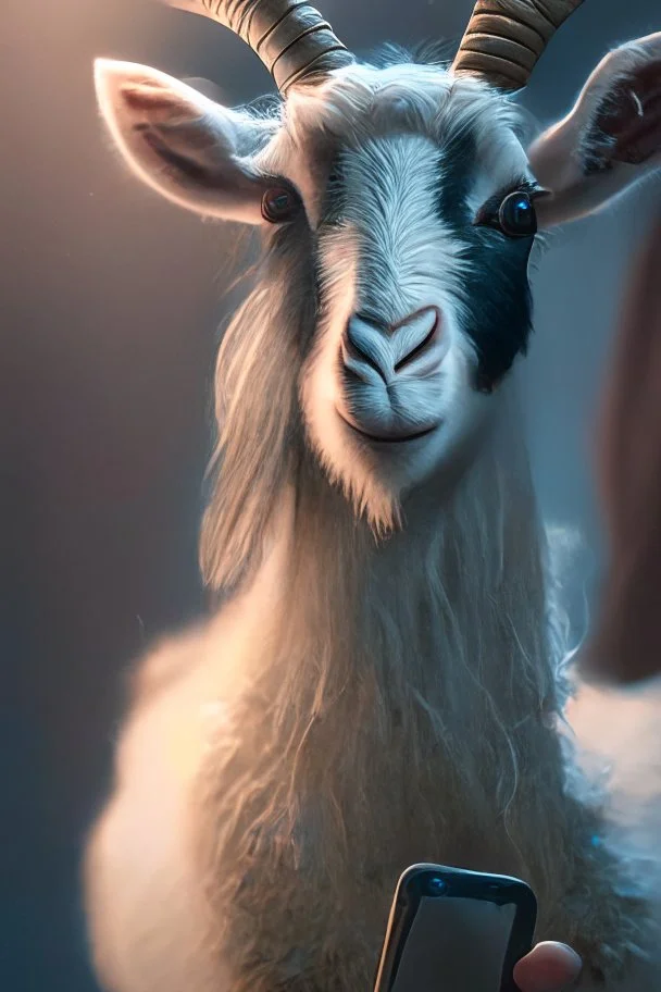 Cute goat holding smartphone, dramatic lighting, matte painting, highly detailed, cgsociety, hyperrealistic, --no dof, --ar 2:1