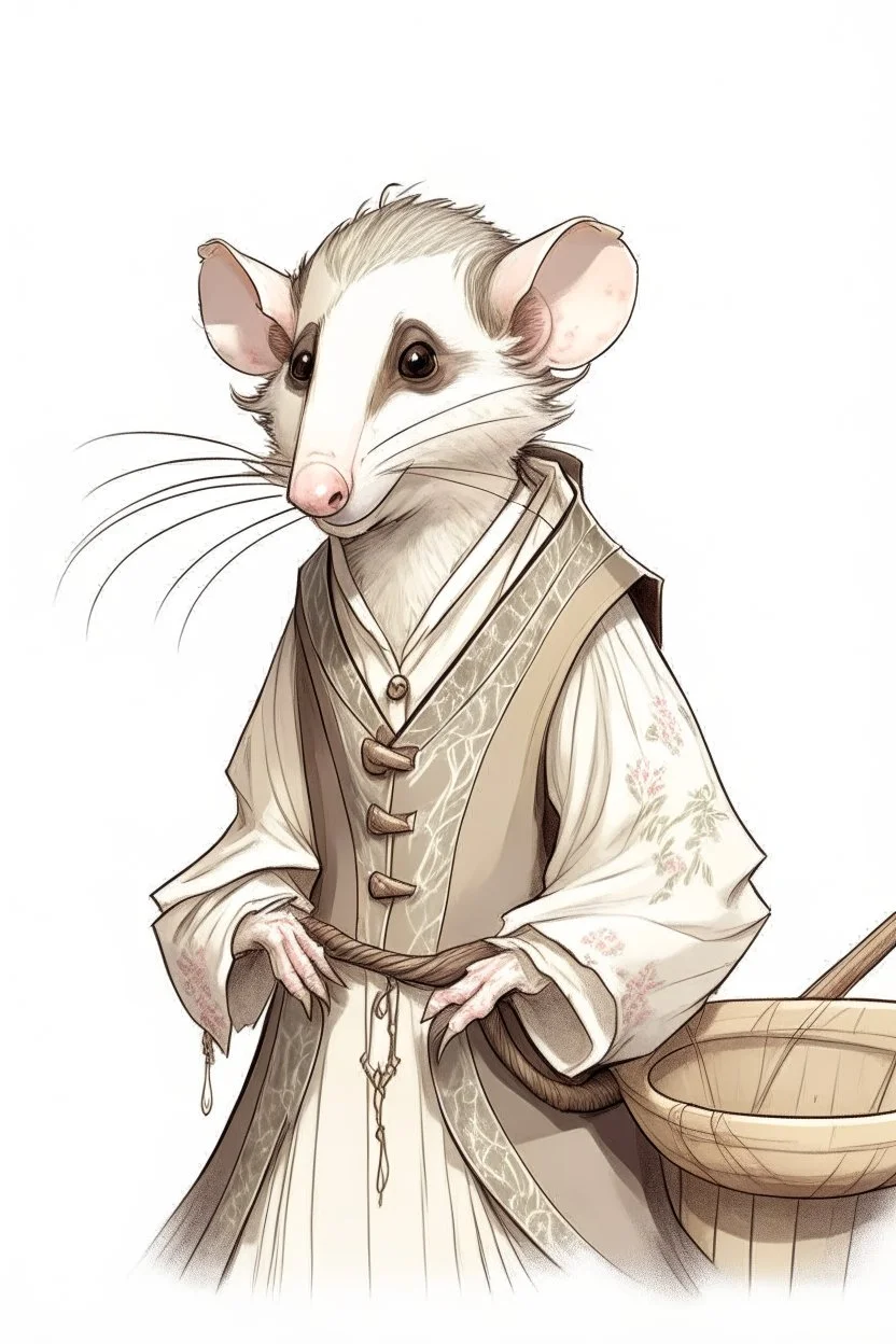 A drawing of an opossum in a male medieval maid outfit