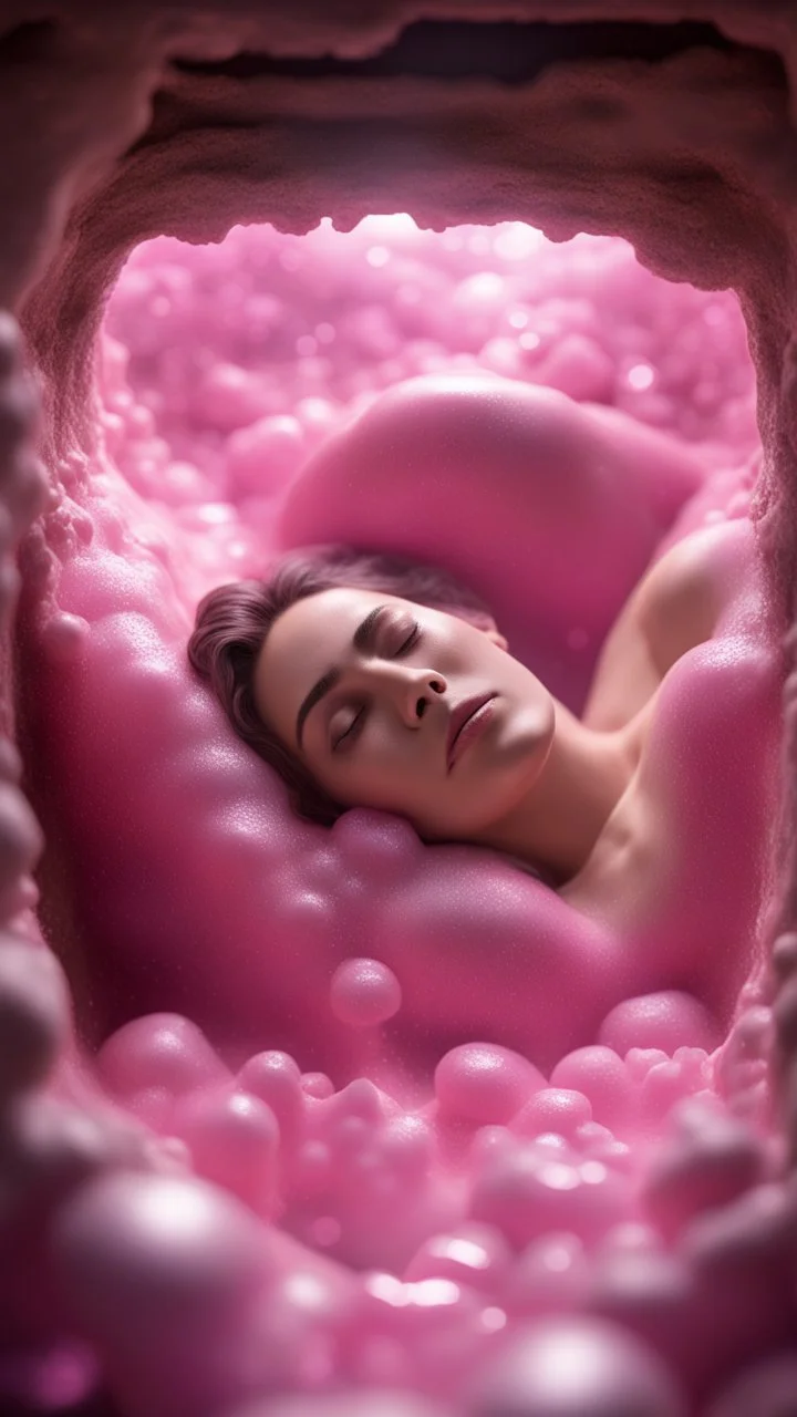 full body portrait of soap star sleeping in a sarcophagus filled with transparent pink liquid inside mine shaft,bokeh like f/0.8, tilt-shift lens 8k, high detail, smooth render, down-light, unreal engine, prize winning