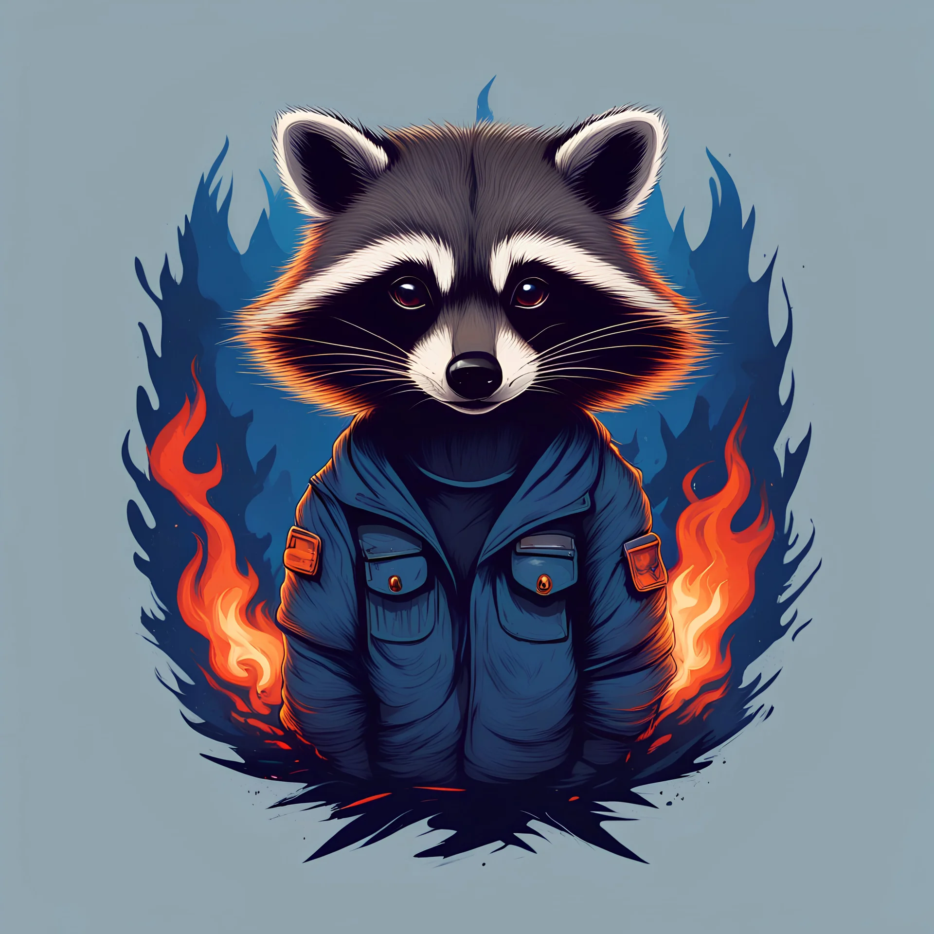 Raccoon, burning in hell, in army, blue fire, most realistic, atmospheric, hesh, retro style, t-shirt design, detailed character, minimalist background, logotip