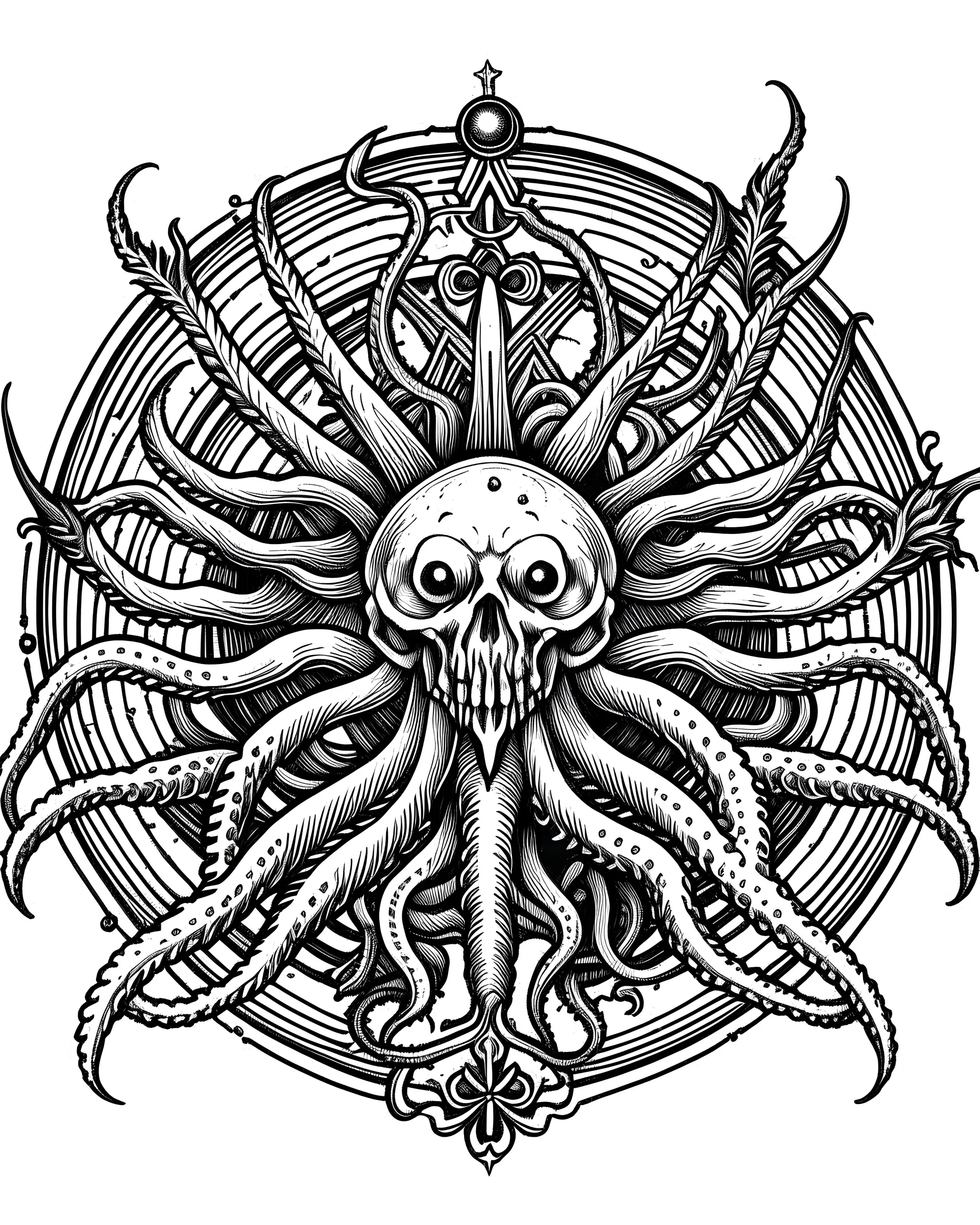 una stella a 12 facce con la testa di serpente come punte, ogni serpente ha un'espressione diversa. come la statua greca di Medusa. un disegno nero nello stile di Gustav Dore. su uno sfondo bianco