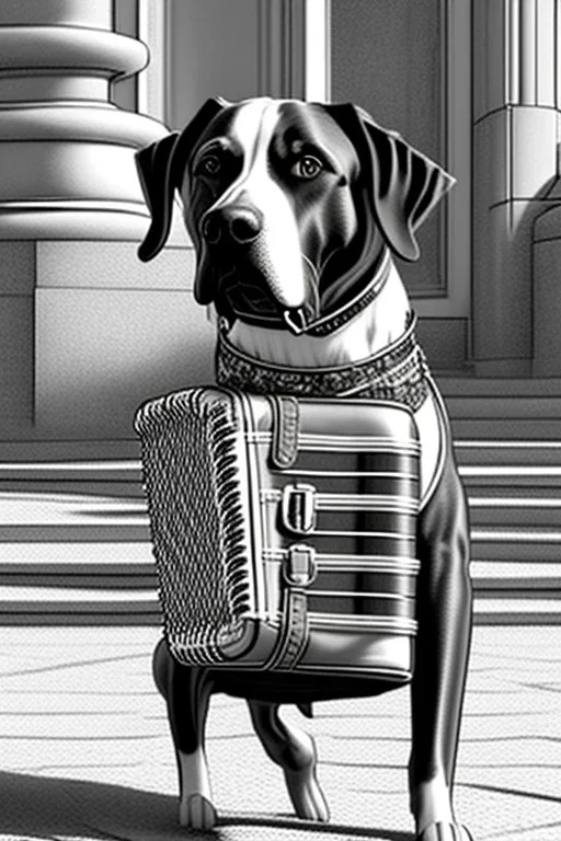 One single mature dog, friendly, playing accordeon, vienna, sunny day, perfect iris, model style, hyper realistic, extremely accurate, delicate, extremely detailed, Graphic novel style, colours, wide-angle, open aperture, superfine pencil