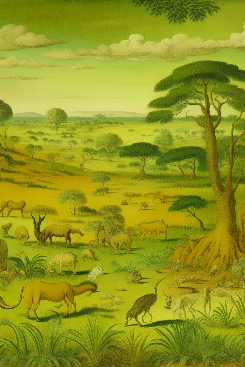 A yellowish green savanna filled with animals painted by Albrecht Durer