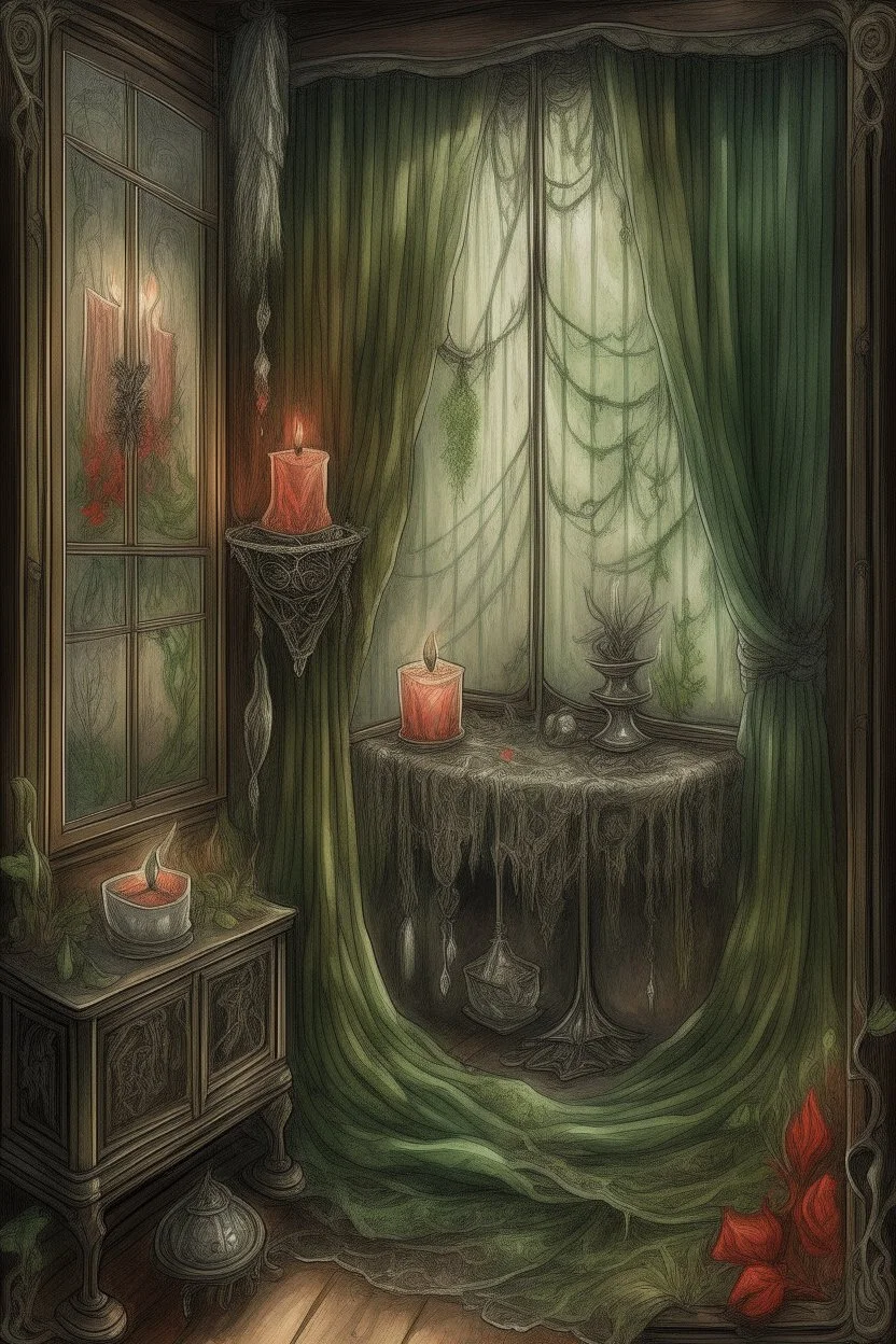 english watercolor, witch's boudoir, mirror, curtains, cobweb, filigree, dried flowers, textiles, candle, magical lighting effect, fairy tale illustration, fine drawing of details with colored pencils, grunge, high resolution, high detail, dark fantasy, dark botanical, beautiful, ISO 100, pixel graphics, hdr, emerald colors, beige, red, deep blue, umbra, grey, dusty rose, gold