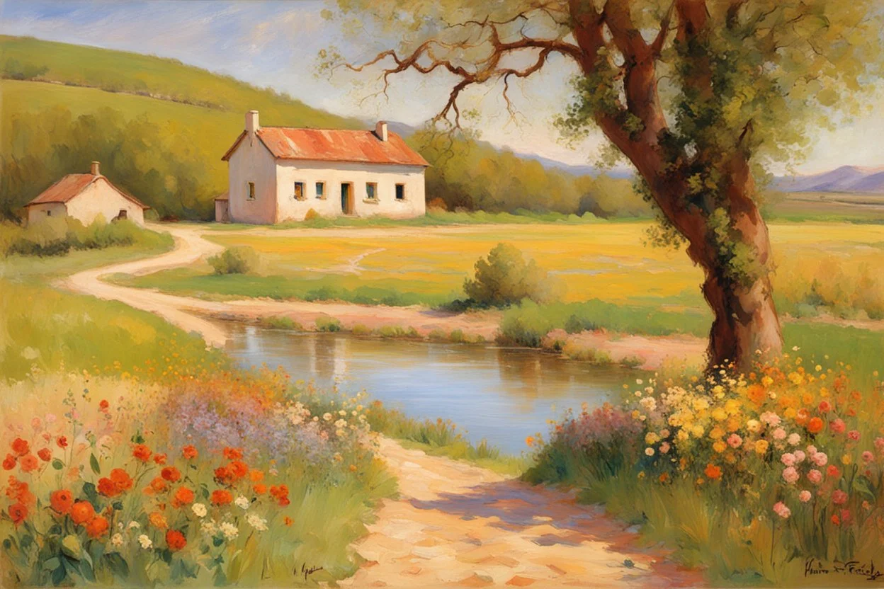 sunny day, mountains, trees, dirt road, flowers, spring, river, countryside, adobe house, friedrich eckenfelder and hans am ende impressionism paintings