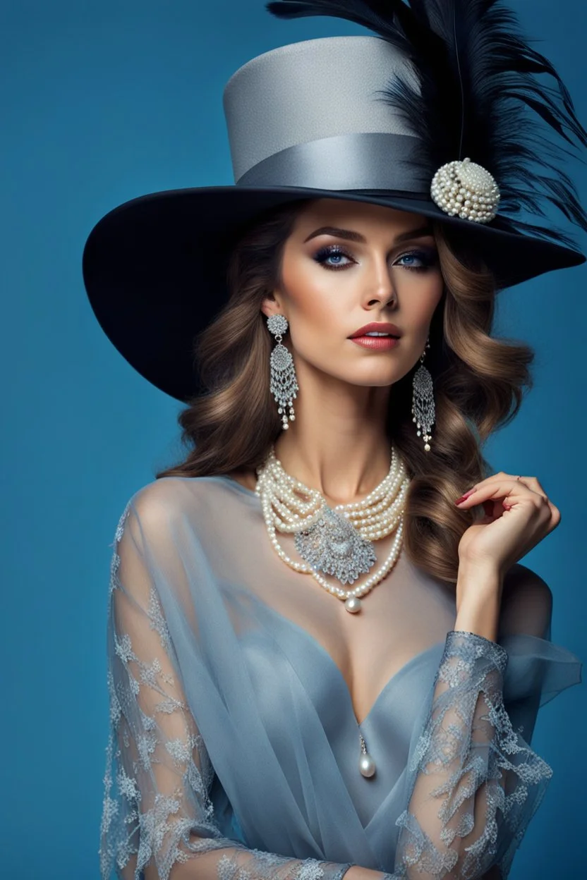 full body beautiful girl, elegant silver,lace clothes of the 80s, luxury style, small elegant hat with feather, hair of the 80s, pearl necklace, earrings masterful, beautiful face,blue backdrop