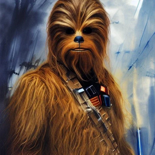 photorealistic and intricate portrait of chewbacca in star wars by agnes cecile, wearing beskar armor, deep dark colors, hyperdetailed, 32K, oil on canvas,