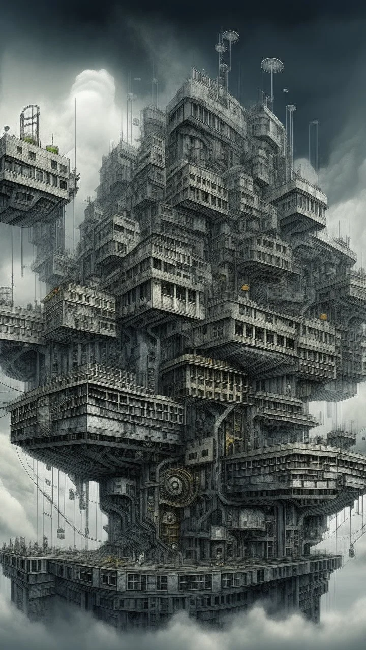 Synthography Art in Bocsh painting style generated Of a high rise permanent shape building with visual details of mechanical and electrical components and chips and components textures with gray clouds storm in the background