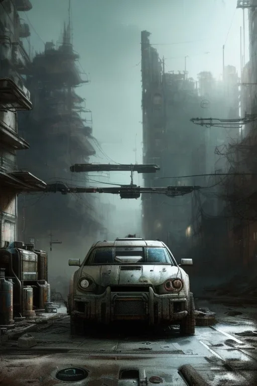 Armor car robot post-apocalyptic cyberpunk city, realistic, intriacte detail, sci-fi fantasy style, volumetric lighting, particales,highly detailed,cinamatic, deep colours,8k