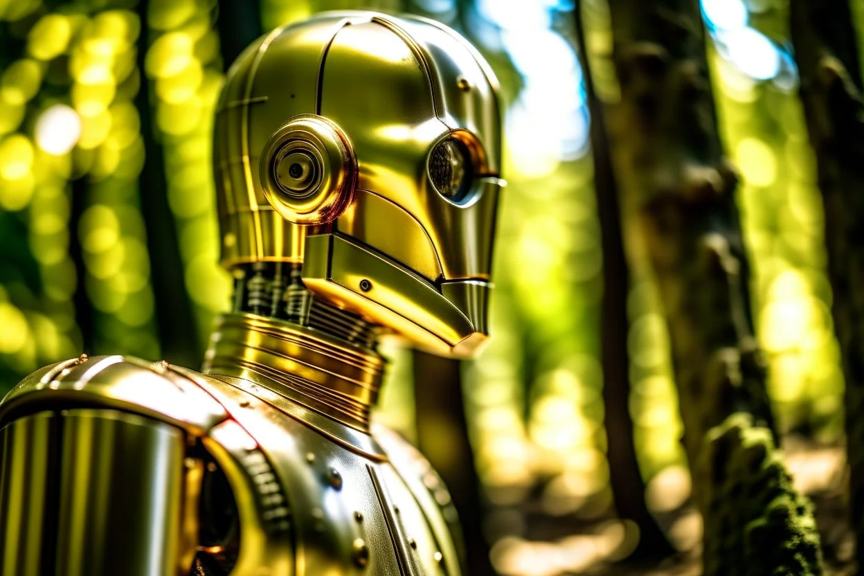 C3PO en mitad de un bosque de hayas, primer plano y mirando de perfil, fotografía, disparo realizado con una cámara Leica, objetivo 35 mm, retrato, fondo desenfocado