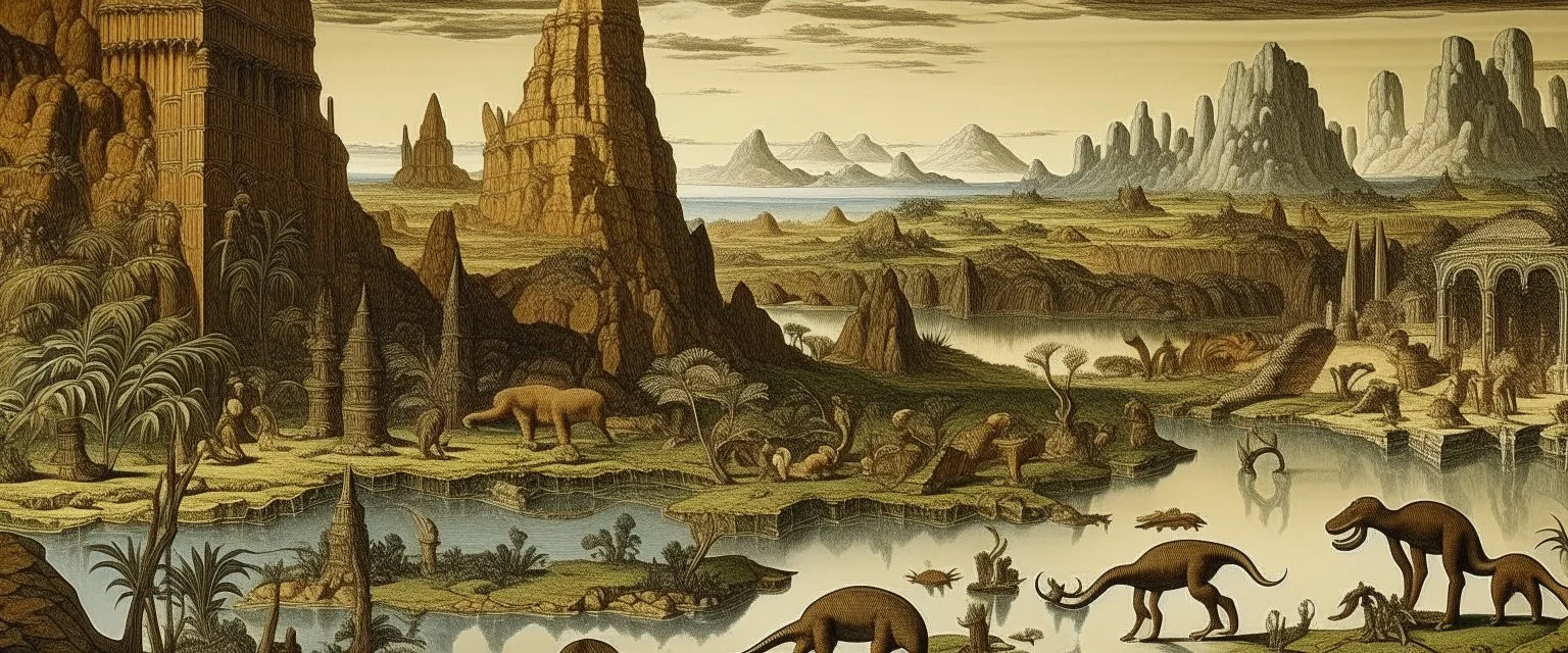 A brownish bronze prehistoric wasteland with dinosaurs, mammoths, and tar pits designed in ancient Roman mosaics painted by Utagawa Hiroshige