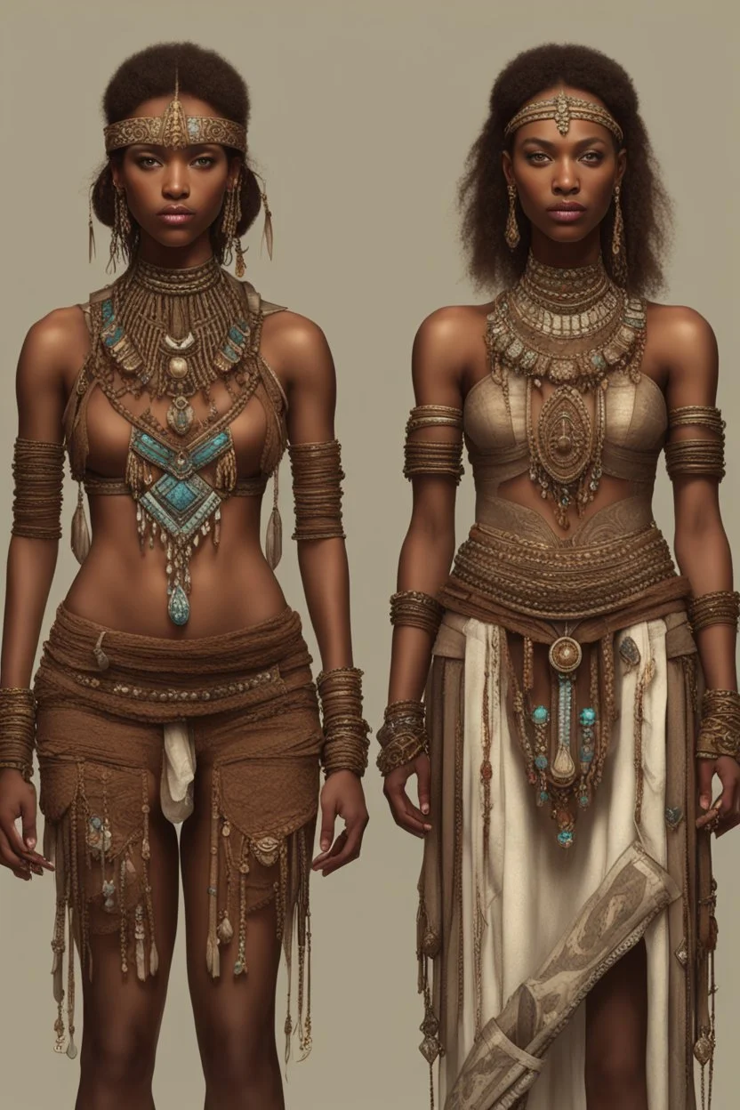 full body. cute. Fashion concept. Clothing style variations: think of a Unique and complicated tribal with jewels. 2 models, front and back. Hyper-detail. 8k quality.