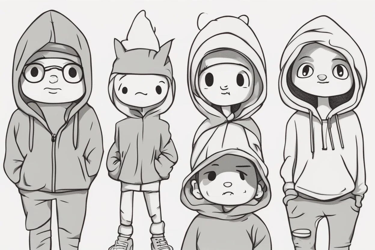 6 simple shaped hand drawn cartoon characters that are cute dark and have hoodies