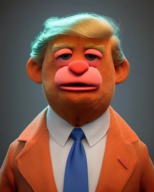 Waist up Portrait, Donald trump muppet, Sesame Street style, retro style, photo studio, unreal engine 5, god lights, ray tracing, RTX, lumen lighting, ultra detail, volumetric lighting, 3d.