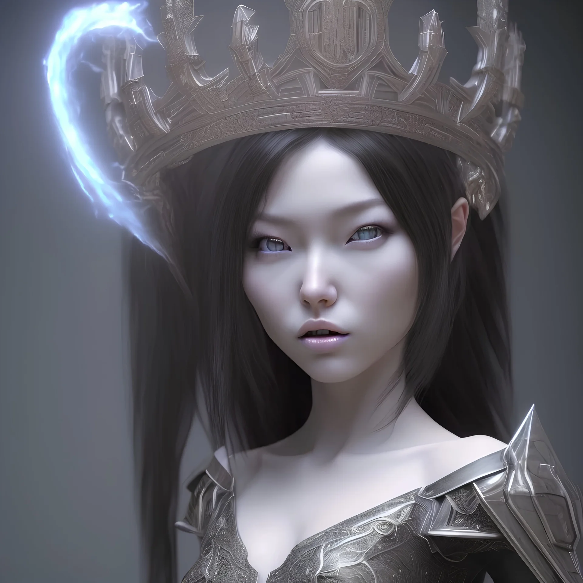 hitomi tanaka, long black hair, elemental face, Unreal Engine 5, highly detailed, highest quality, digital painting, complex 3d render, unreal engine render, insane detail, intricate photograph quality, magnificent, majestic, highly intricate, Realistic photography, grand hall, wicked throne, holding scepter, crown of barbwire, dark color palette, metallic, highly detailed, highest quality, digital painting