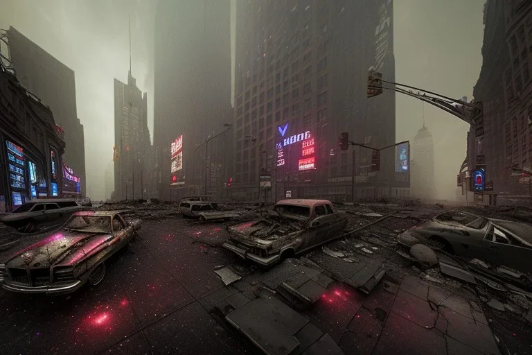 uptown manhattan, time square , post apocalyptic, run down, residental homes , night time, destroyed buildings , unity, scriptable render pipeline , red tone , volumetric , blue emission , faded fog , lighting.