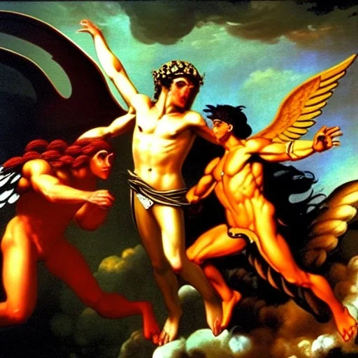 The winged messenger Hermes delivering a message to Zeus but Zeus is a Hydra. Medusa and the Minotaur are fighting in the background. High definition oil painting.