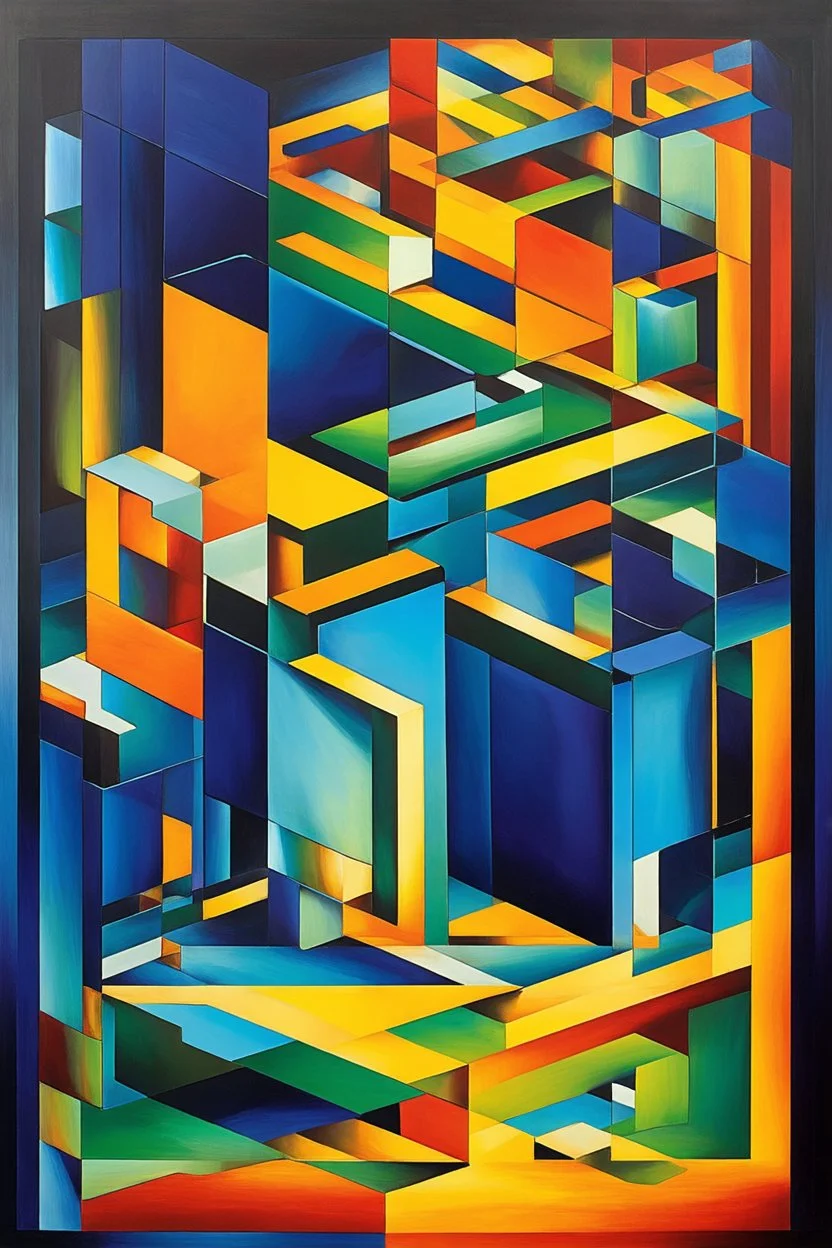 mystical perception; symbolism; 3-D reverspective in the style of patrick hughes combined The dynamism of Futurism combined with a cubist feel for structure