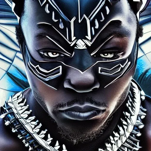 Fantasy, Nigeria rapper olamide badoo as black panther, heroic, award winning, insanely detailed, sunlit, realistic, ocean,acrylic paint, 8k resolution, hdr, trident